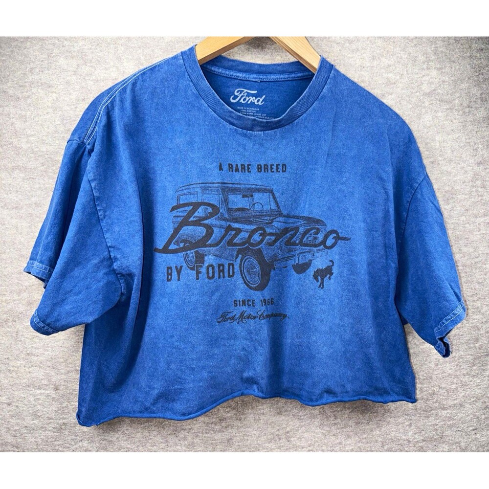 Ford Bronco Women's Blue Graphic Logo Print Cropped Crew Neck T-Shirt Size XL